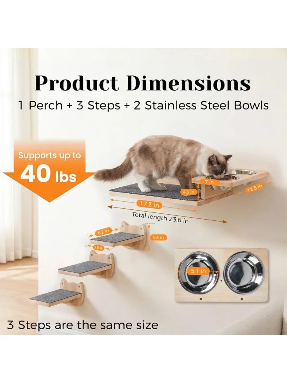 Elevated Cat Feeding Station with 3 Steps & 2 Bowls | Wall-Mounted Pet Shelf